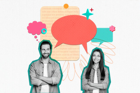 Horizontal creative photo collage of two lovers curiously talk s