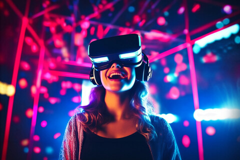 Beautiful Happy Woman in VR heads goggles plays in neon, futuris